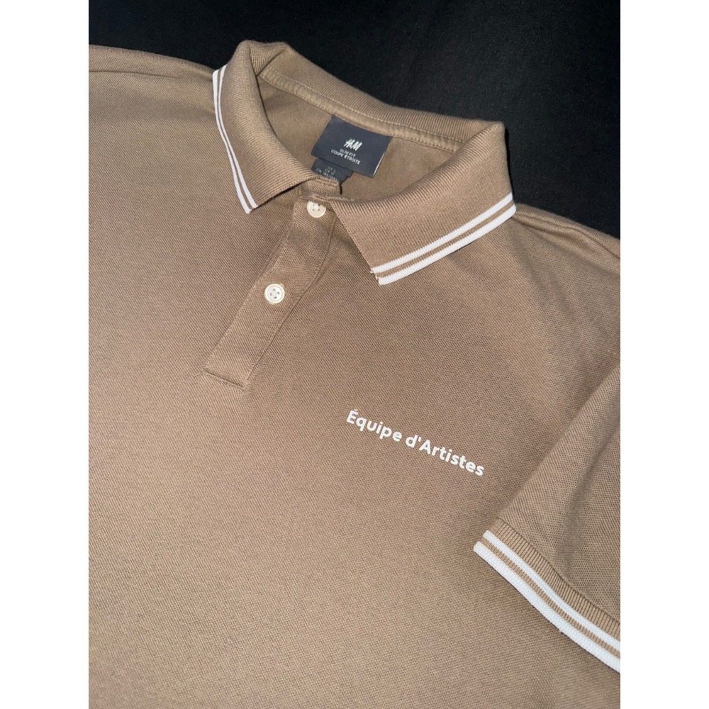 HM Mens‎ Slim Fit Polo Shirt Tan Brown Equipe d'Artistes Tipped Large L Cotton